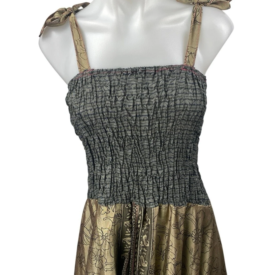Belma Gold Gray Metallic Sleeveless Smocked Cami Camisole Midi A-Line Dress OS - Image 3