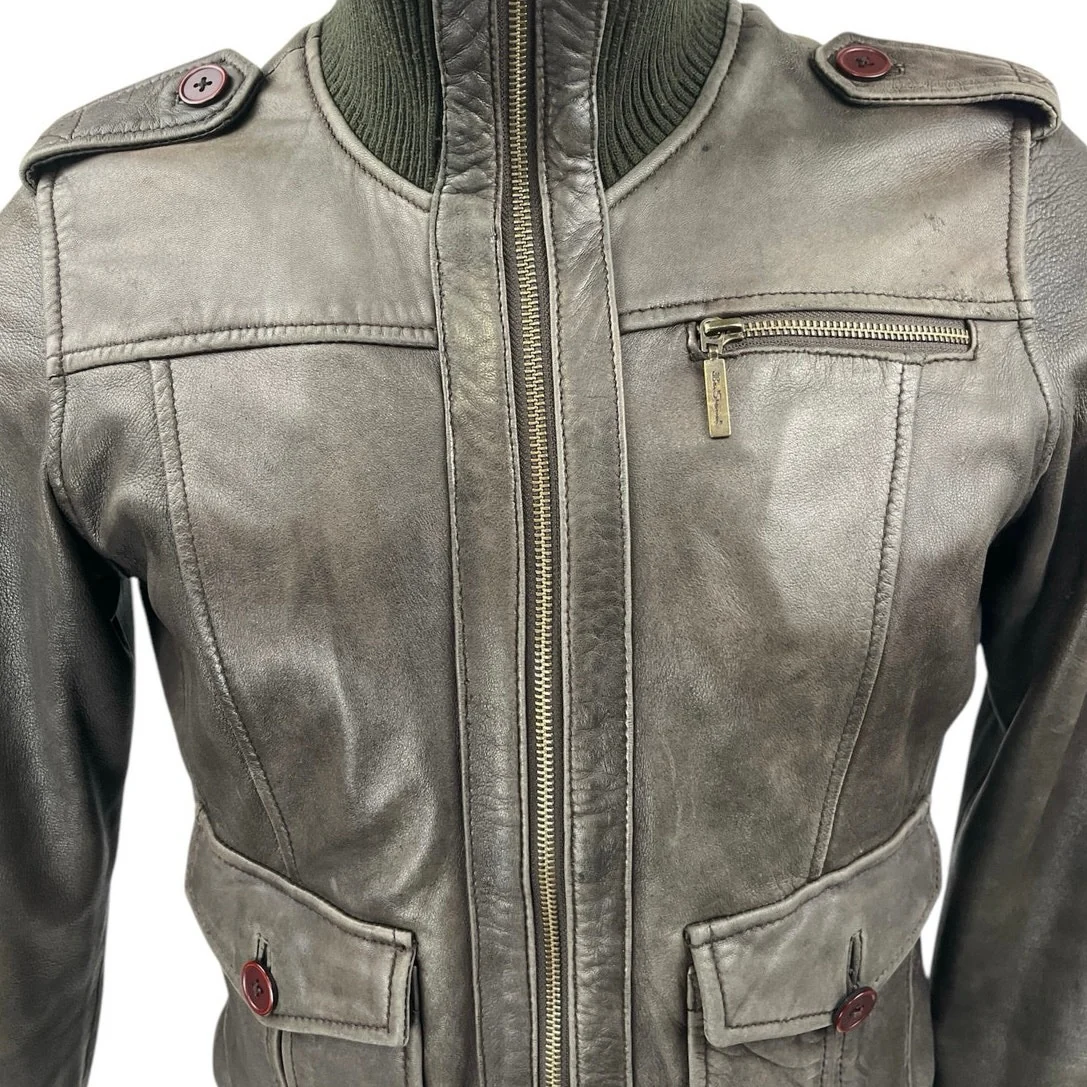 Ben Sherman Men's Brown Genuine Leather High Neck Long Sleeve Zip Moto Jacket L - Image 3