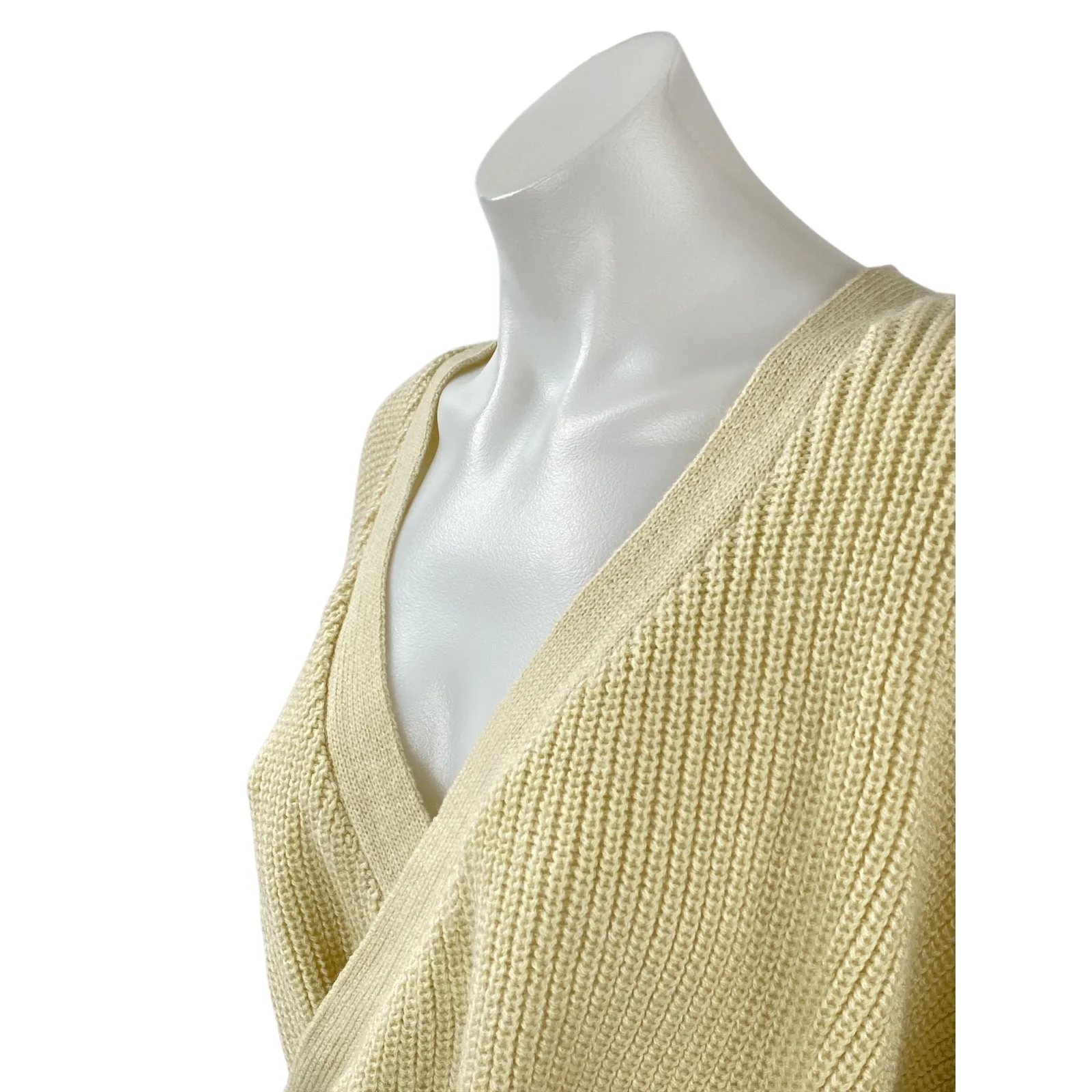 Berrylush Women's Cream Yellow Rubbed Knit Faux Wrap Long Sleeve Sweater Top S - Image 2