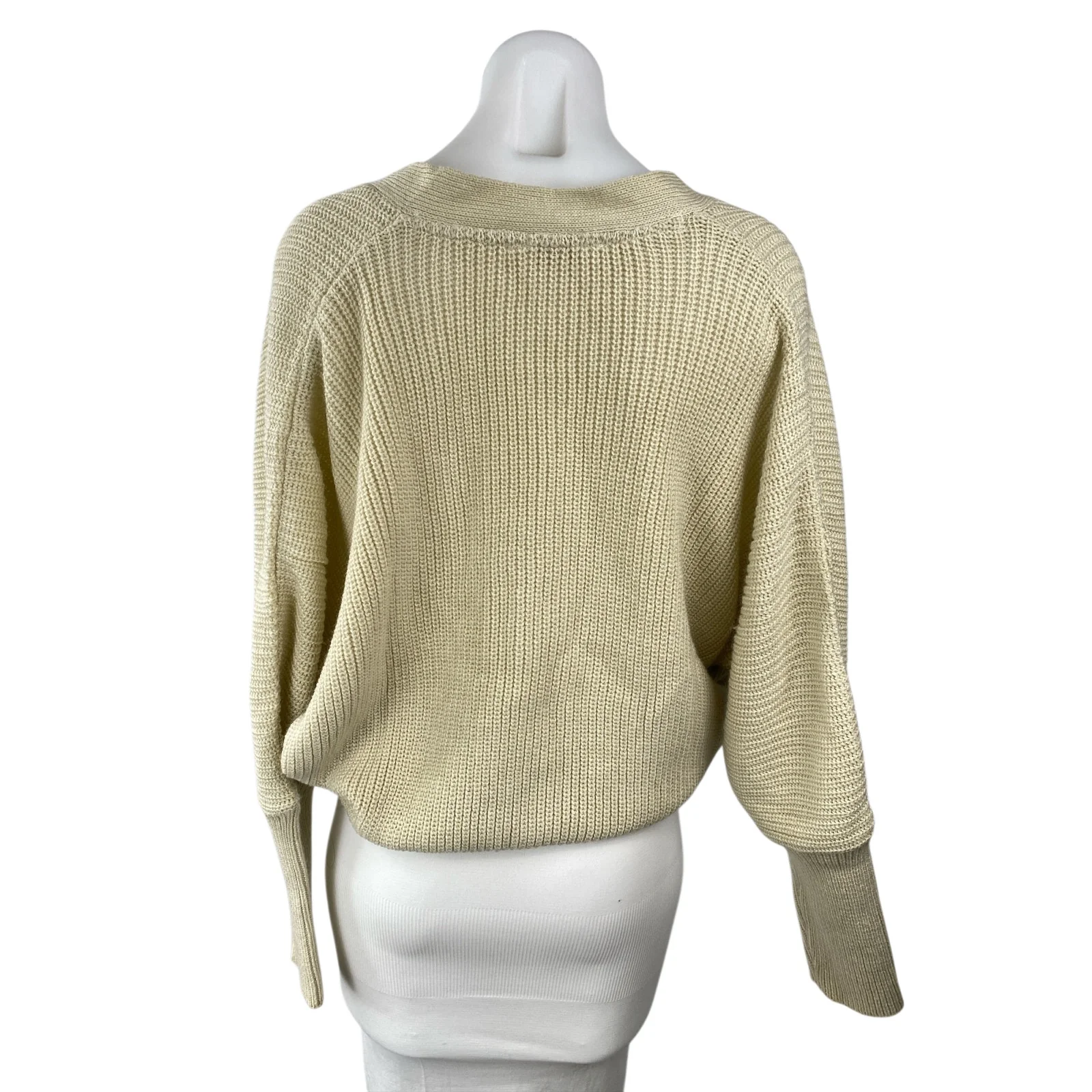Berrylush Women's Cream Yellow Rubbed Knit Faux Wrap Long Sleeve Sweater Top S - Image 4