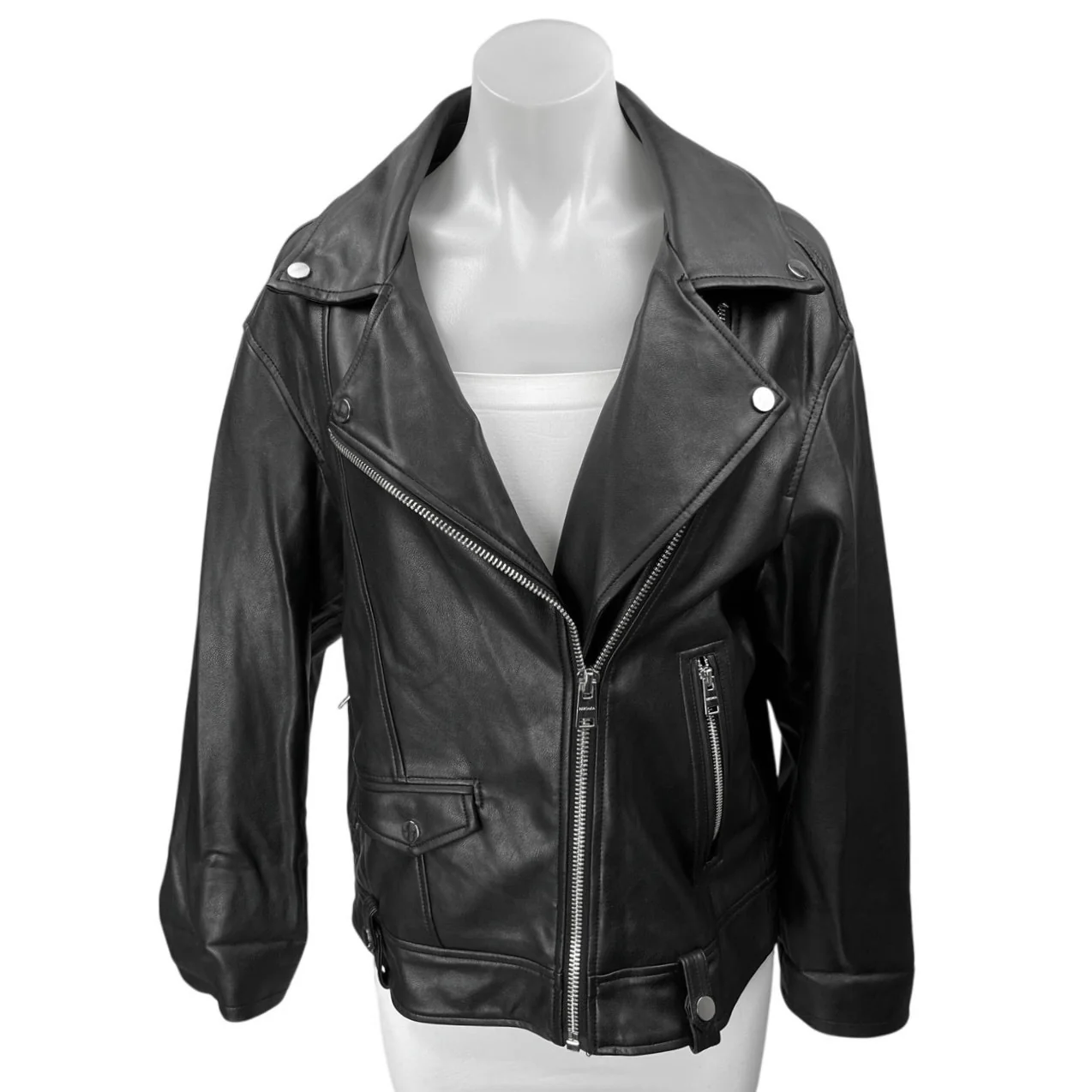 Bershka Women's Black Vegan Faux Leather Zip Up Notch Collar Moto Coat Jacket S