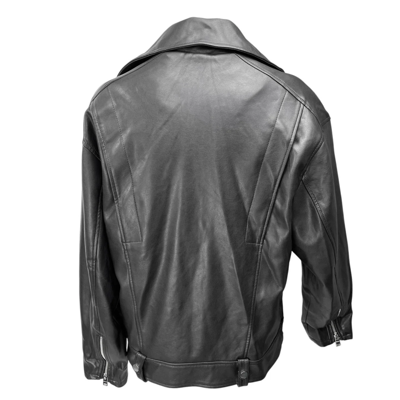 Bershka Women's Black Vegan Faux Leather Zip Up Notch Collar Moto Coat Jacket S - Image 2