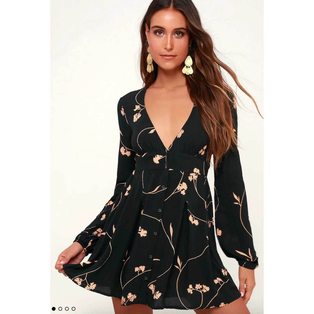 Billabong Black Beige Your Love Floral Long Sleeve Button-Up Skater Mini Dress S - Image 3