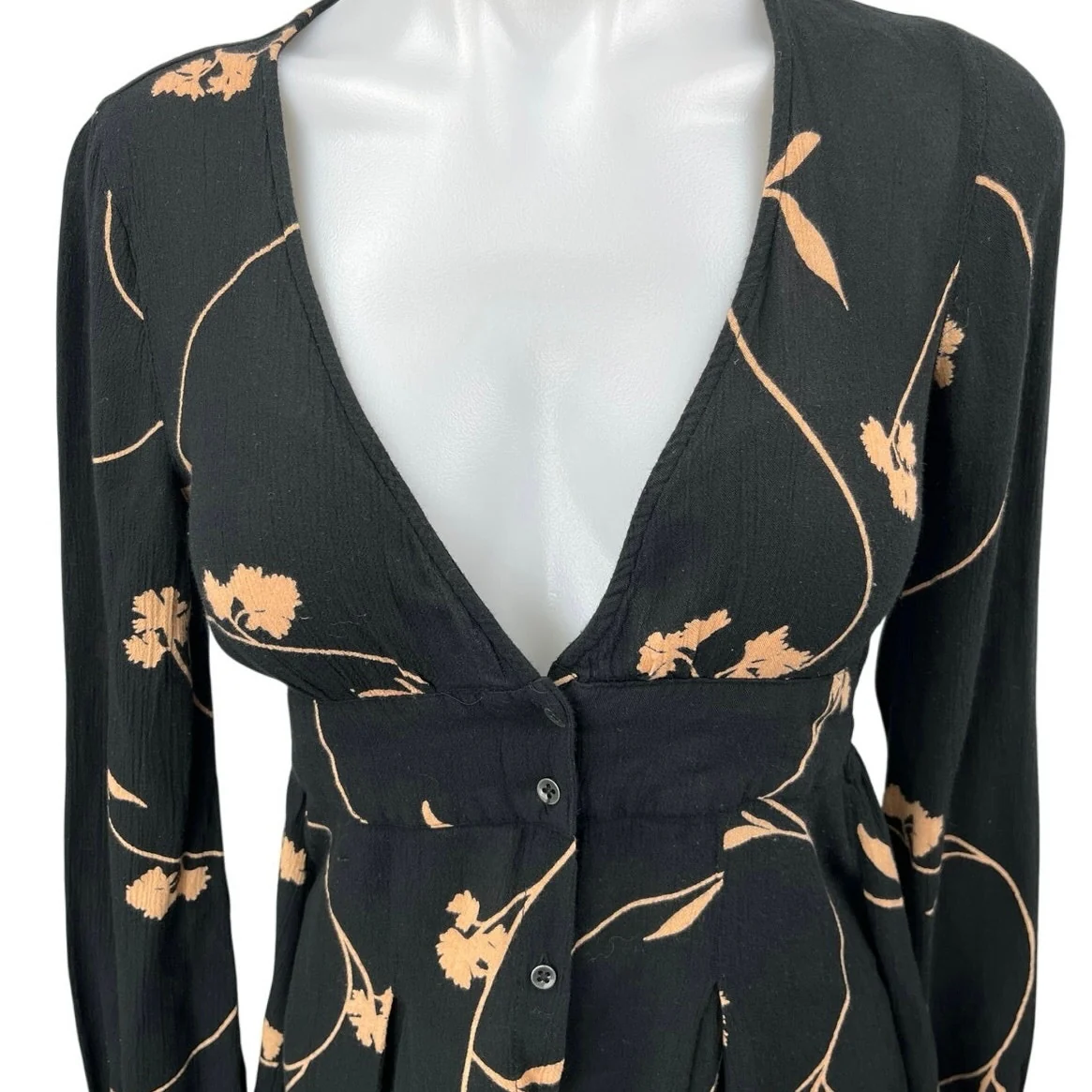 Billabong Black Beige Your Love Floral Long Sleeve Button-Up Skater Mini Dress S - Image 4