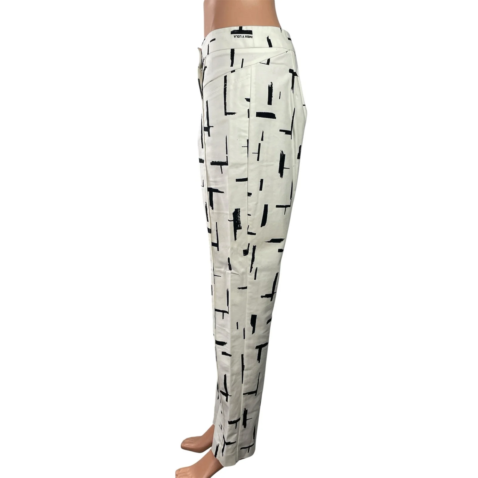 Bimba Y Lola Women's White Black Abstract High Rise Straight Trousers Pants 8 - Image 2