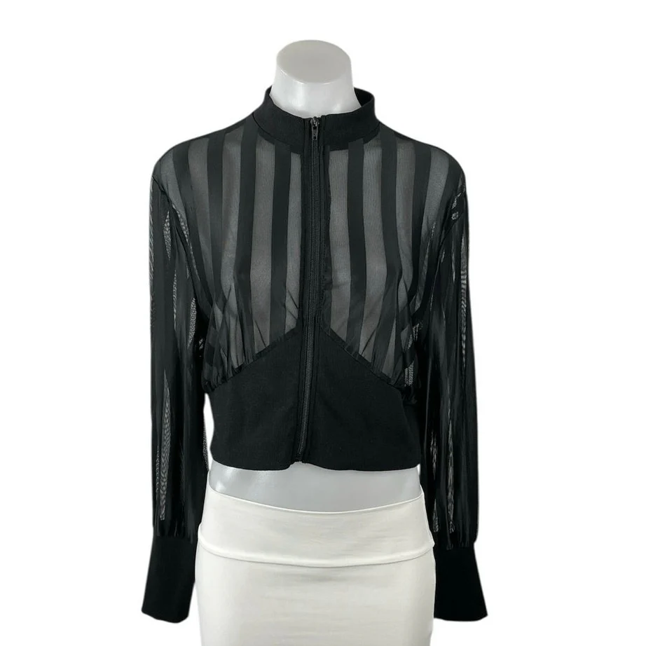 Black Mesh Sheer Striped Mock Neck Zip Up Long Sleeve Cropped Jacket Top Size M