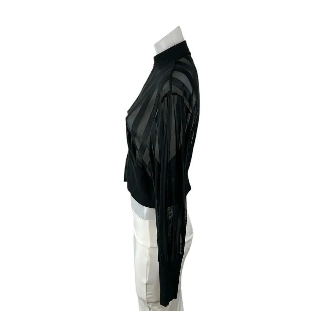 Black Mesh Sheer Striped Mock Neck Zip Up Long Sleeve Cropped Jacket Top Size M - Image 2