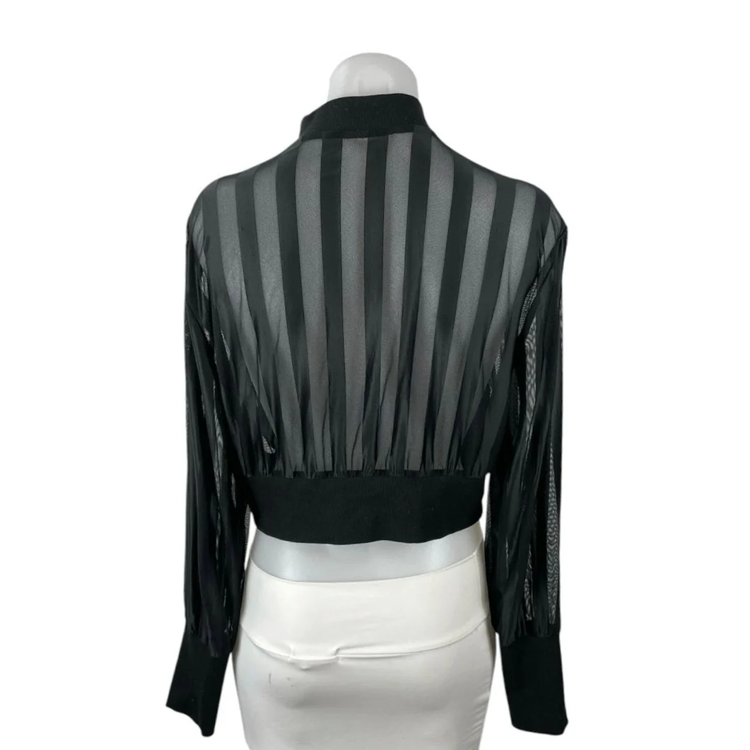 Black Mesh Sheer Striped Mock Neck Zip Up Long Sleeve Cropped Jacket Top Size M - Image 3
