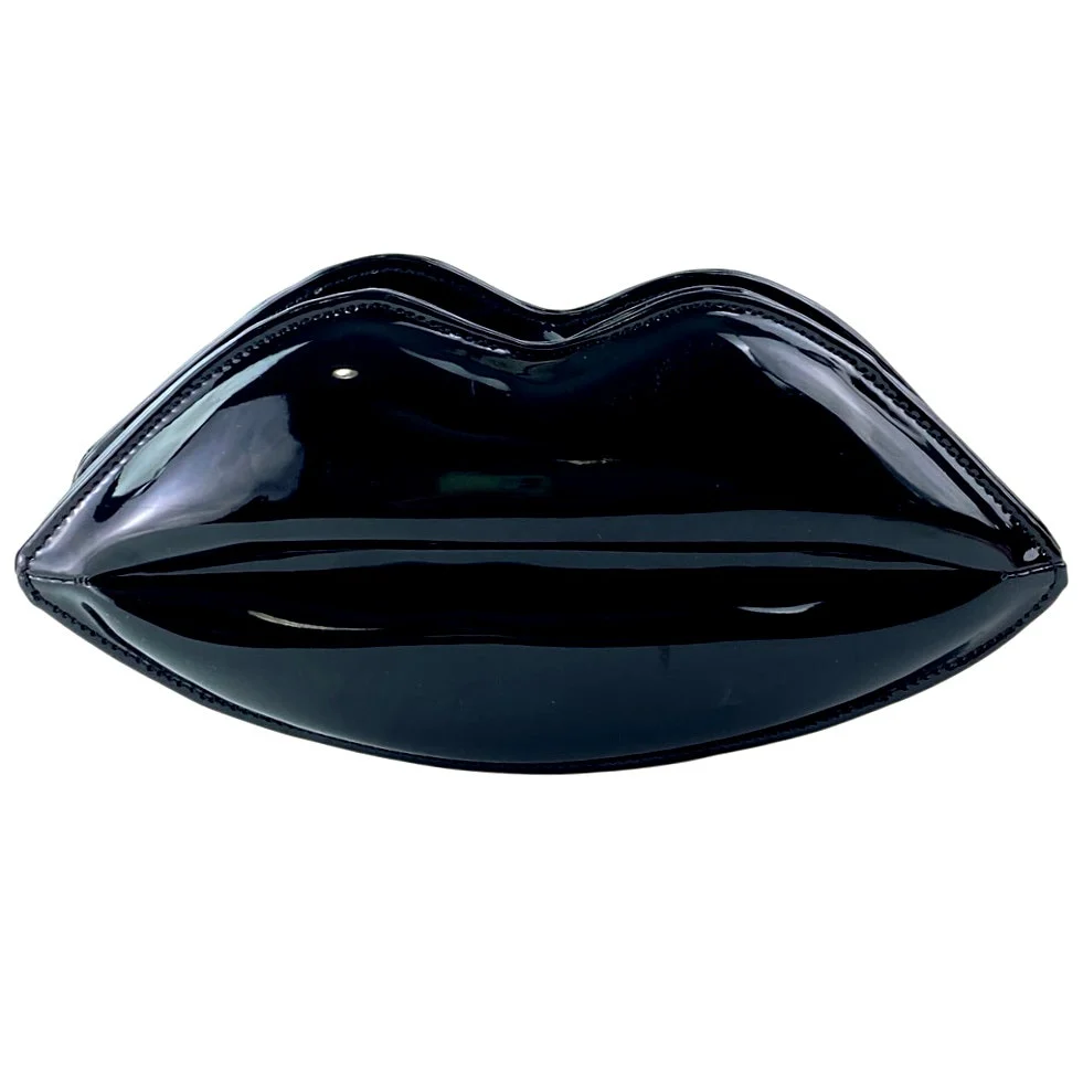 Black Patent Faux Leather Vegan Zip Chain Crossbody Lip Purse Clutch Bag OS - Image 2