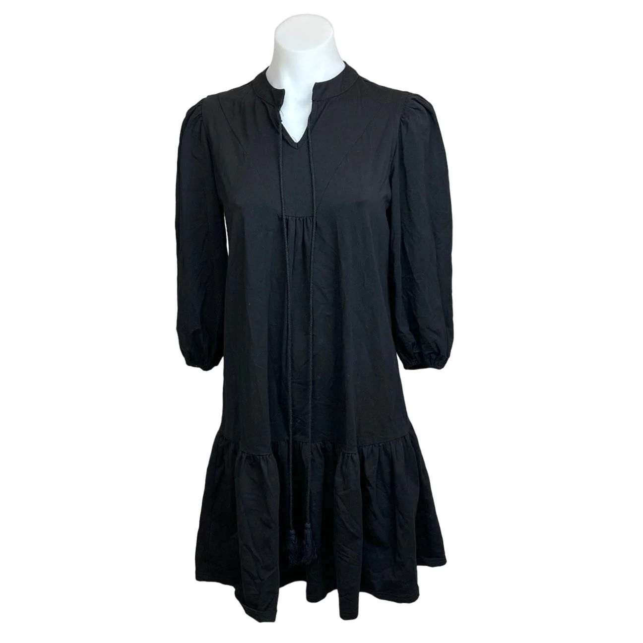 Blank Black Balloon Sleeve Tassel Tie Neck Split V-Neck Tiered Midi Dress Sz XS