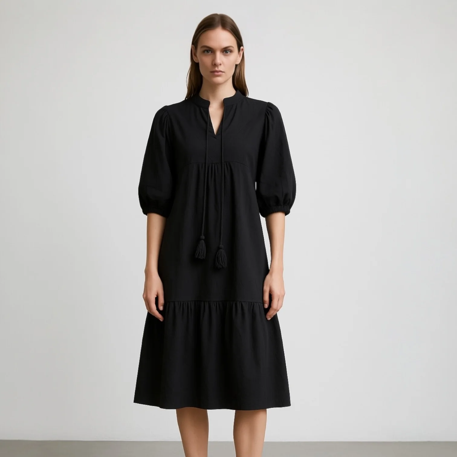 Blank Black Balloon Sleeve Tassel Tie Neck Split V-Neck Tiered Midi Dress Sz XS - Image 2