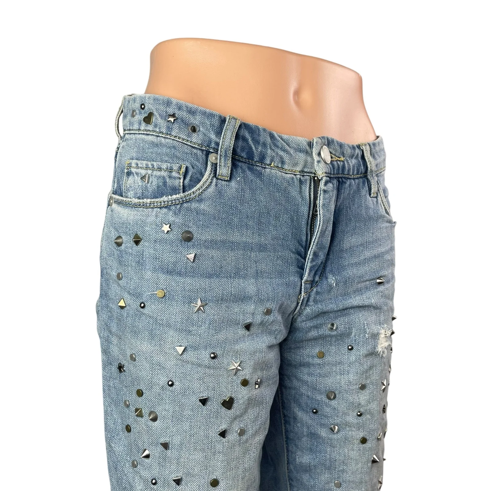 Blank NYC Women's Blue Studded Distressed Straight Leg Girlfriend Denim Jeans 27 - Image 4