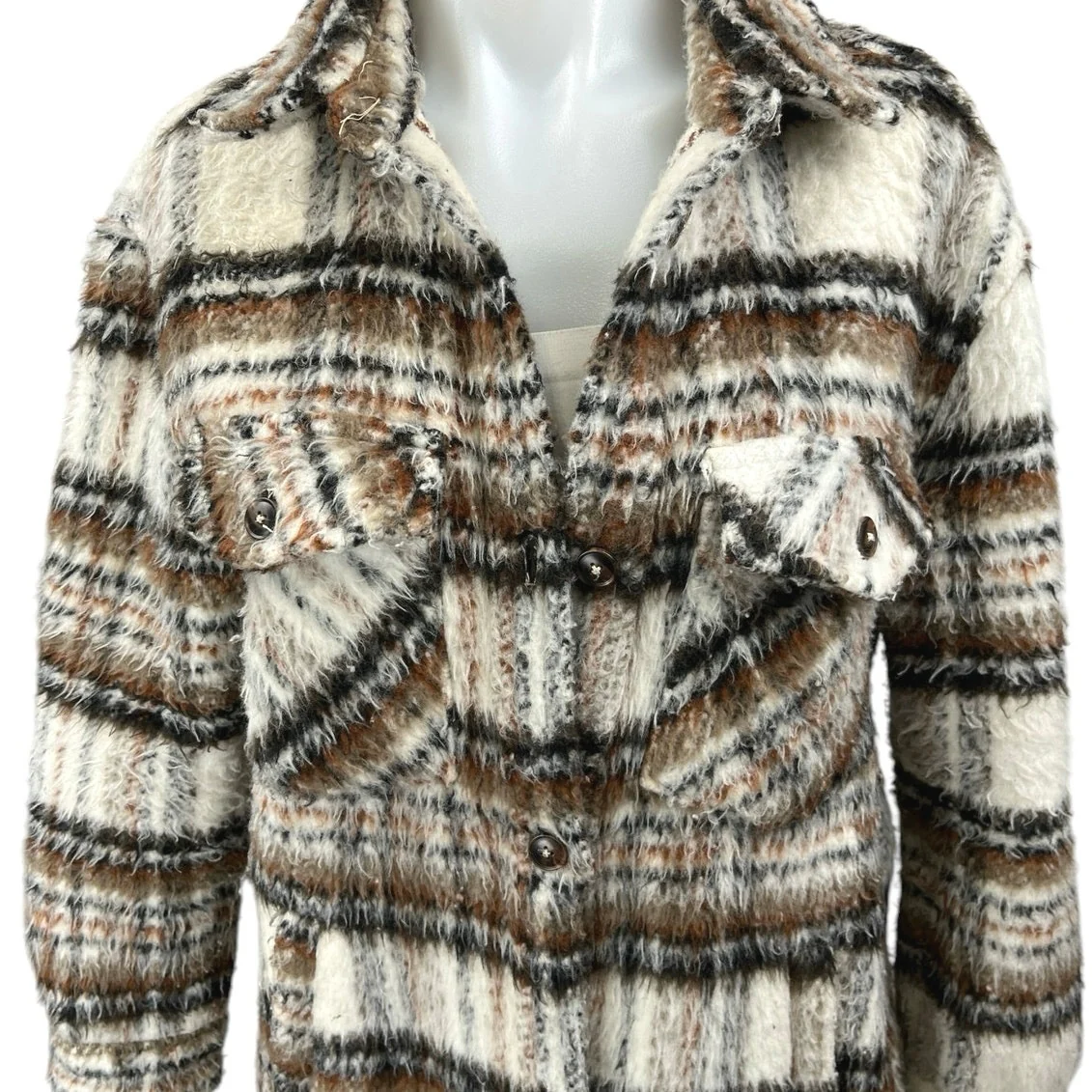 BlankNYC Brown Faux Fur Plaid Checkered Long Sleeve Button Coat Sweater Jacket M - Image 3