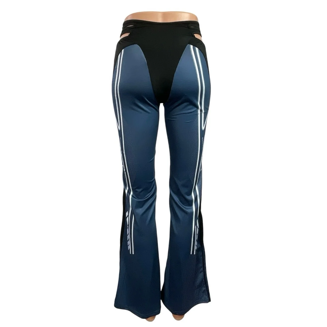 Blue Black Cutout Mid Waist Y2k 90s Flared Tight Colorblock Trousers Pants Sz XS - Image 3