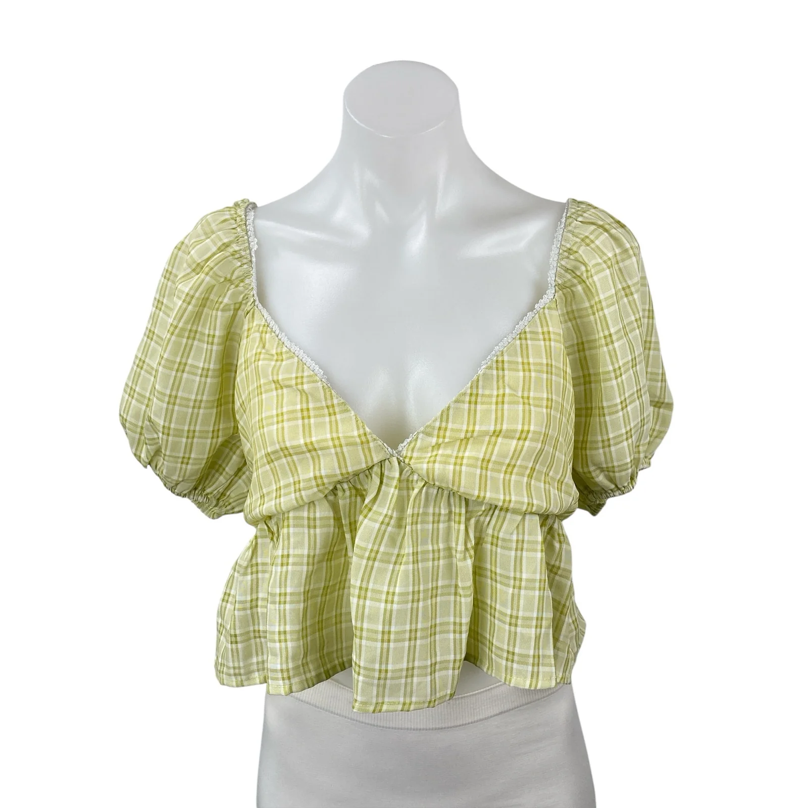 Blue Blush Women's Yellow Plaid Check Deep V Neck Puff Sleeve Crop Blouse Top M
