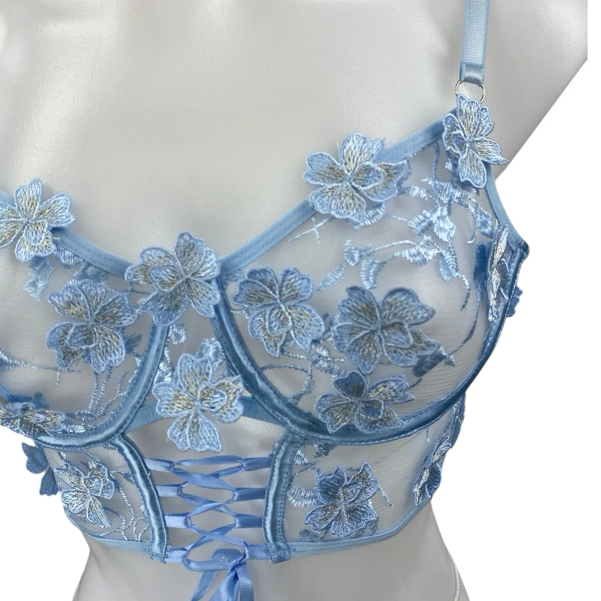 Blue Floral Lace Sleeveless Sheer Cami Camisole Crop Corset Lingerie Tank Top M - Image 3
