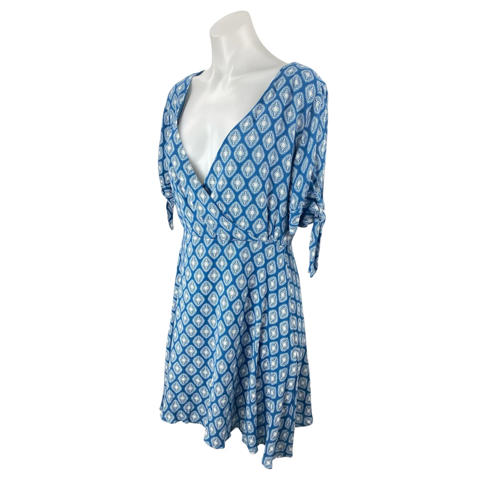 Blue Rair Blue Argyle Short Sleeve Tie Deep V Neck Faux Wrap A Line Mini Dress L - Image 3