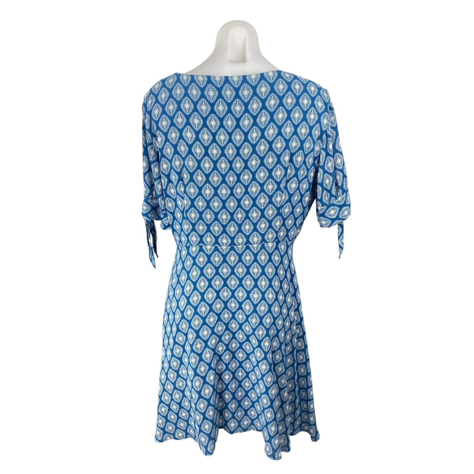 Blue Rair Blue Argyle Short Sleeve Tie Deep V Neck Faux Wrap A Line Mini Dress L - Image 4