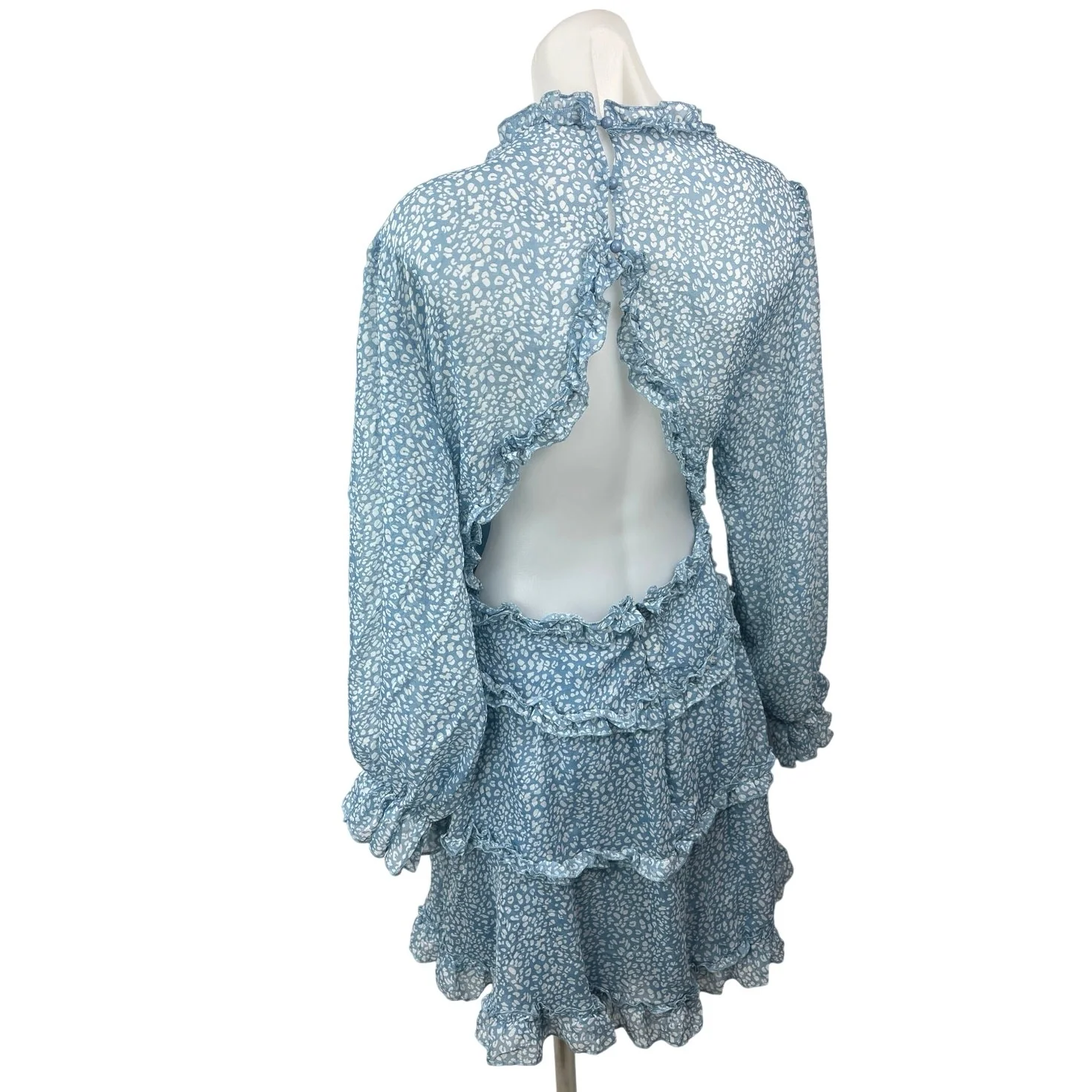 Blue White Floral Chiffon Ruffle Tiered Balloon Sleeve Mini Fit & Flare Dress XL - Image 2