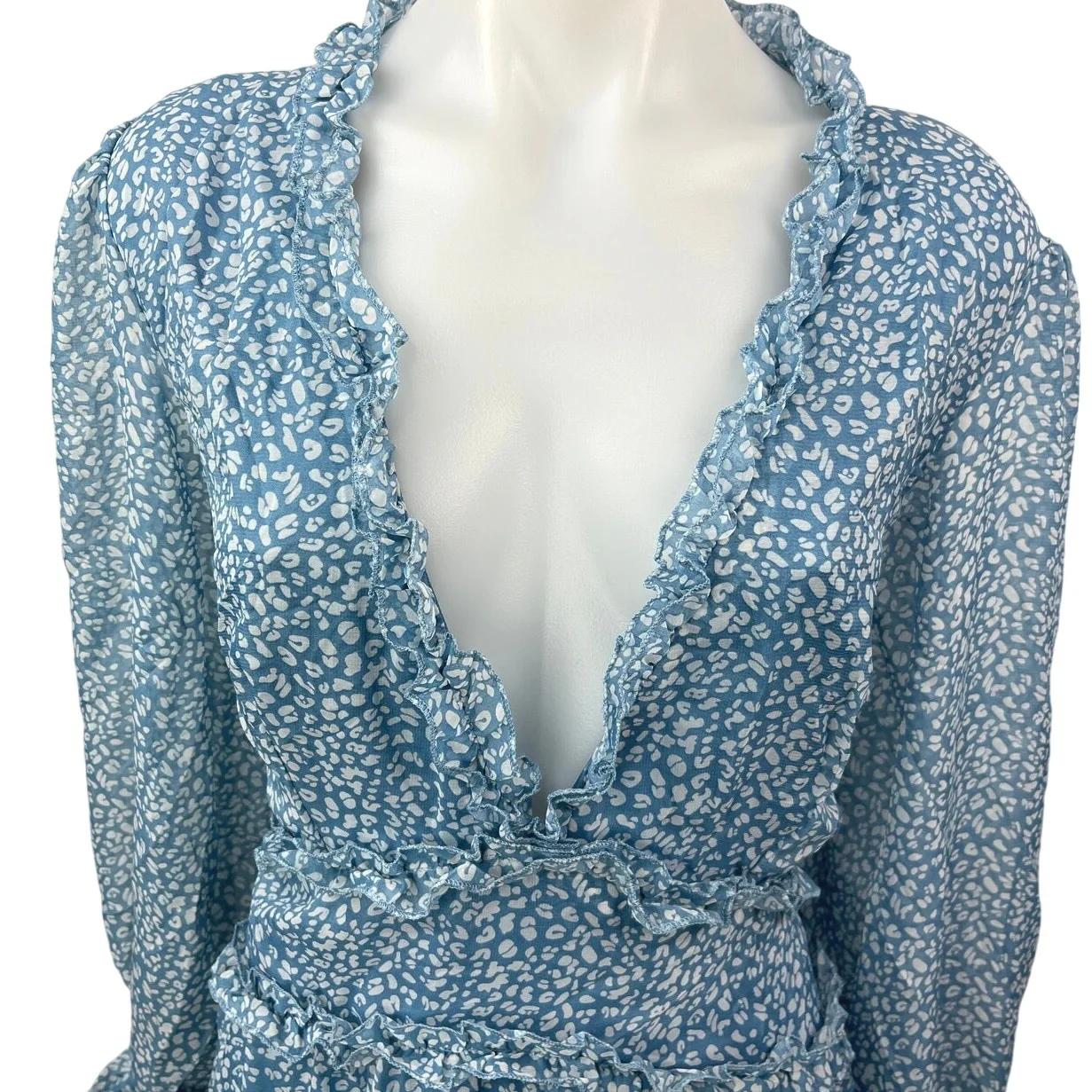 Blue White Floral Chiffon Ruffle Tiered Balloon Sleeve Mini Fit & Flare Dress XL - Image 3