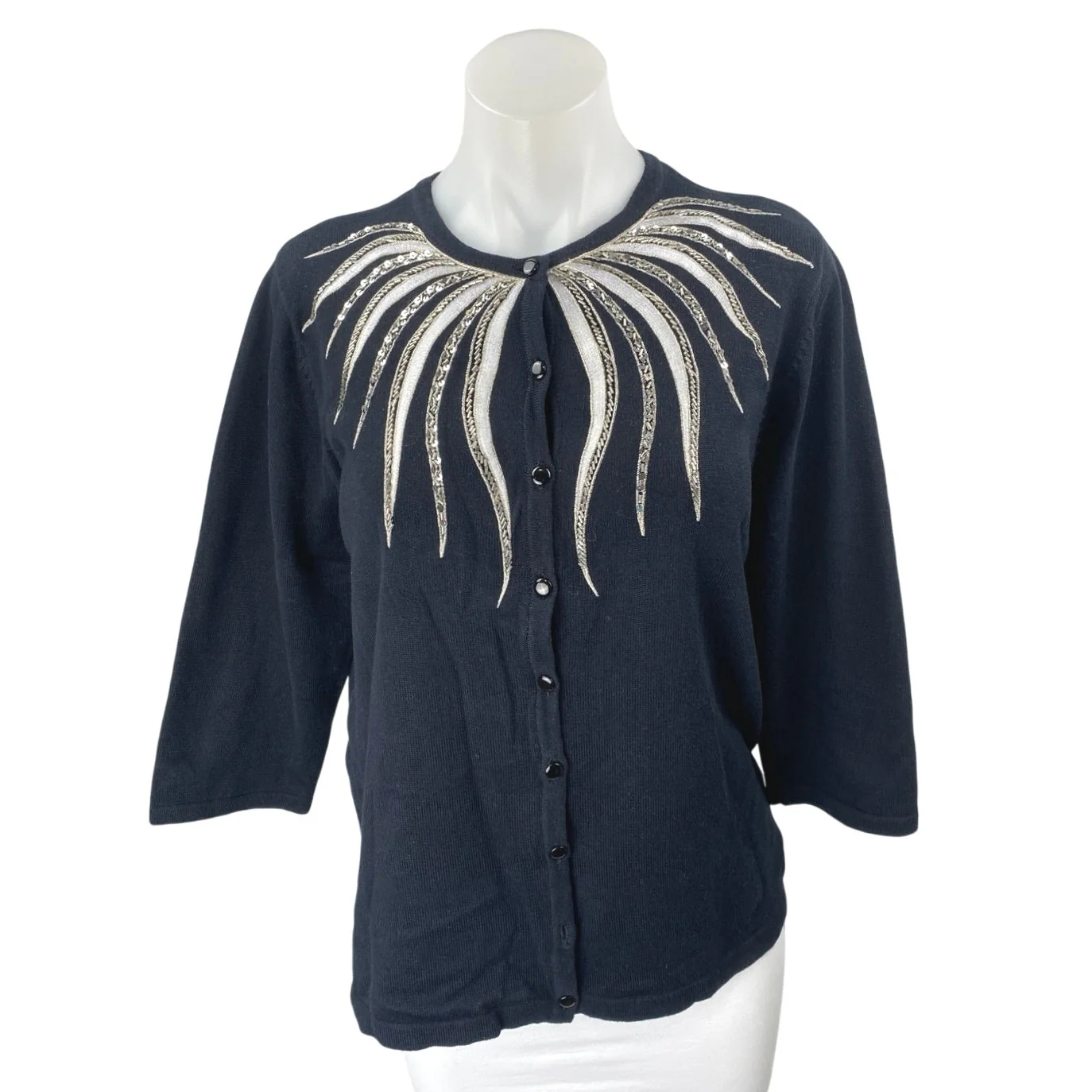 Bob Mackie Black Beaded Sequin 3/4 Sleeve Button Up Knit Cardigan Sweater Top M