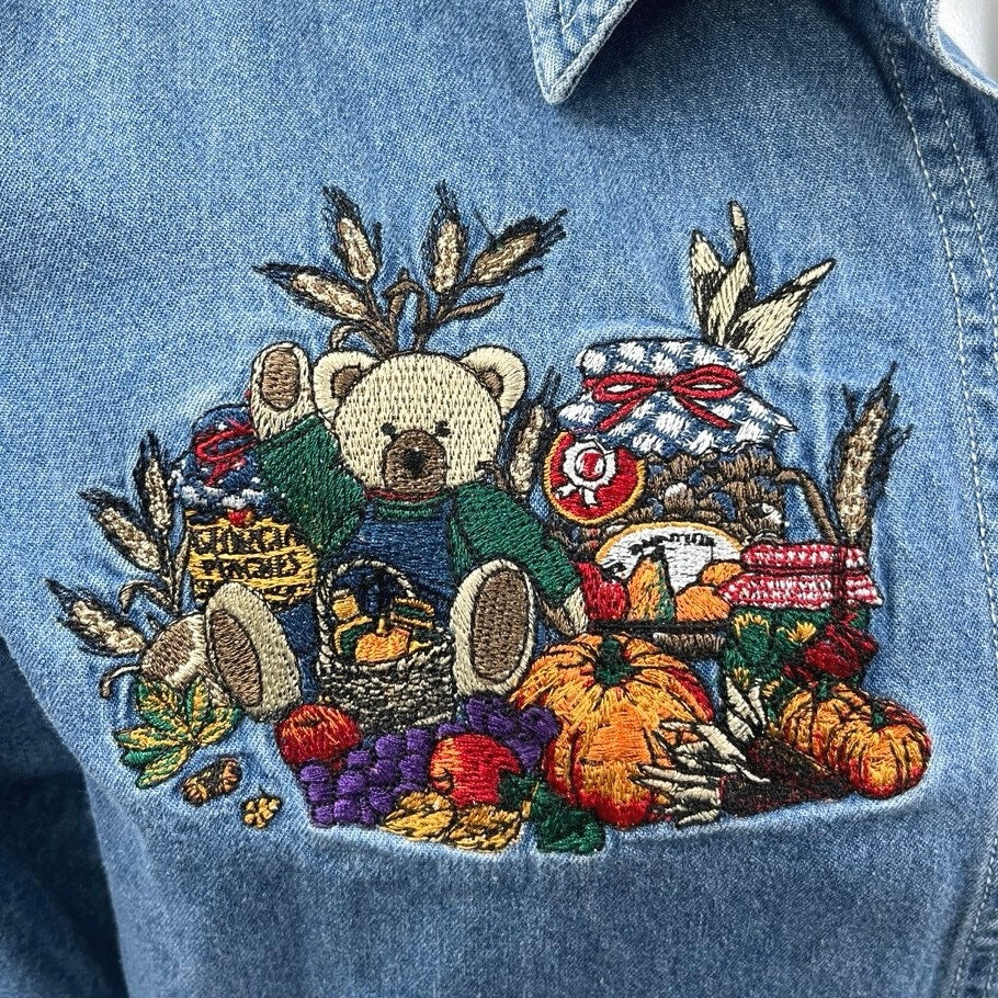Bobbie Brooks Women’s Blue Teddy Pumpkin Embroidered Button Up Denim Shirt Top L - Image 4