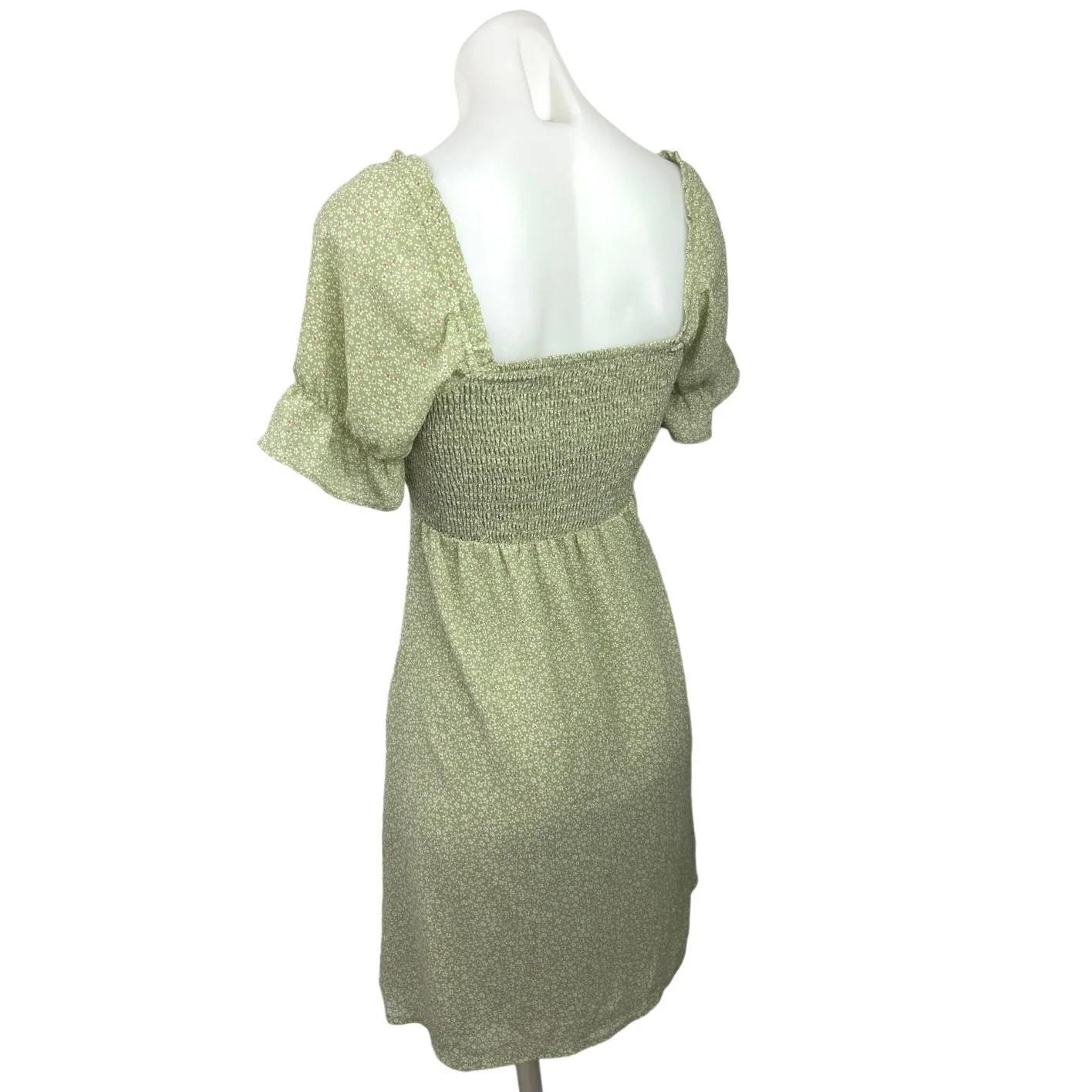 Bohme Green Floral Cinched Tie Puff Sleeve Smocked Mini A-Line Sun Dress Size XS - Image 2