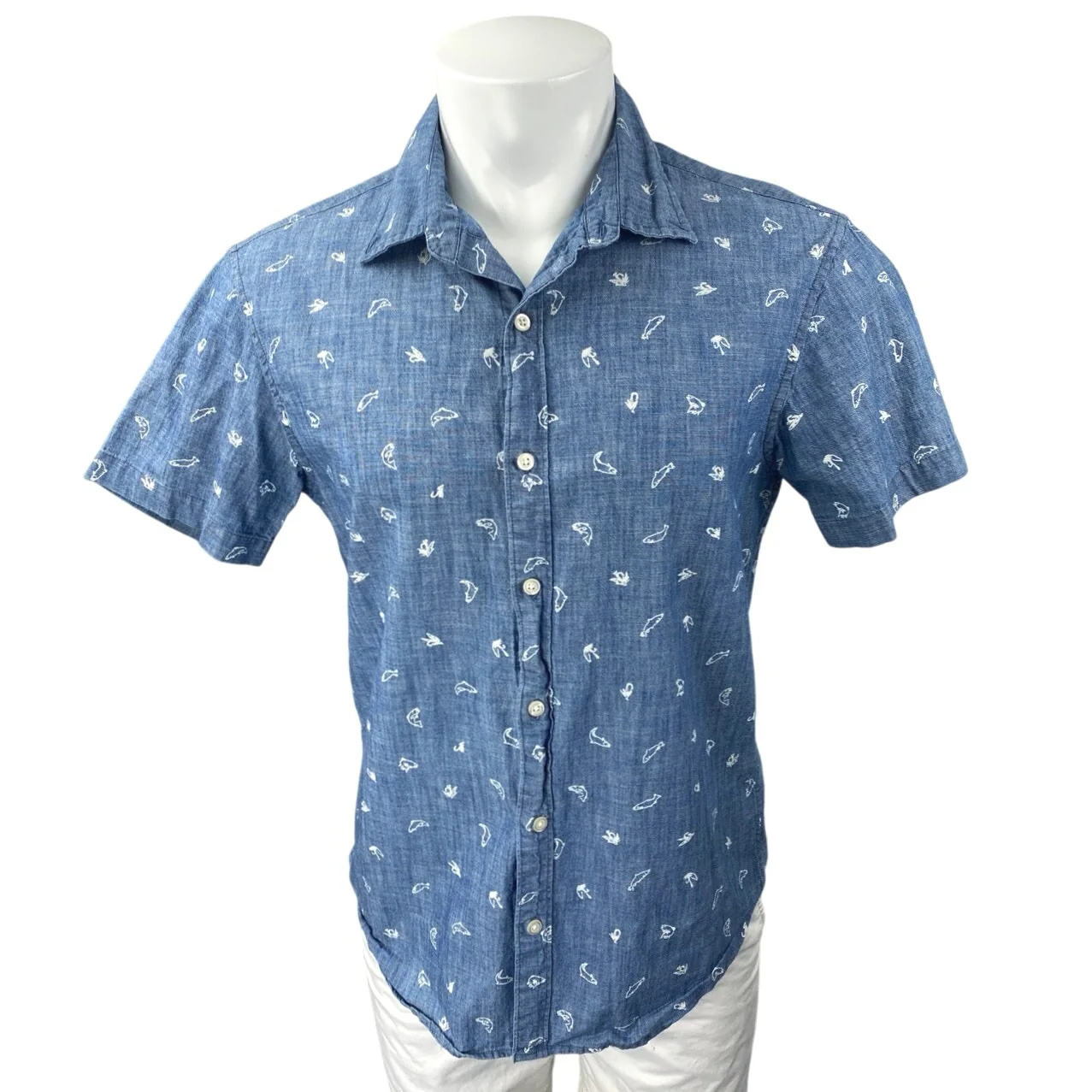 Bonobos Men's Blue Fish Print Chambray Short Sleeve Button Down Shirt Top Size M