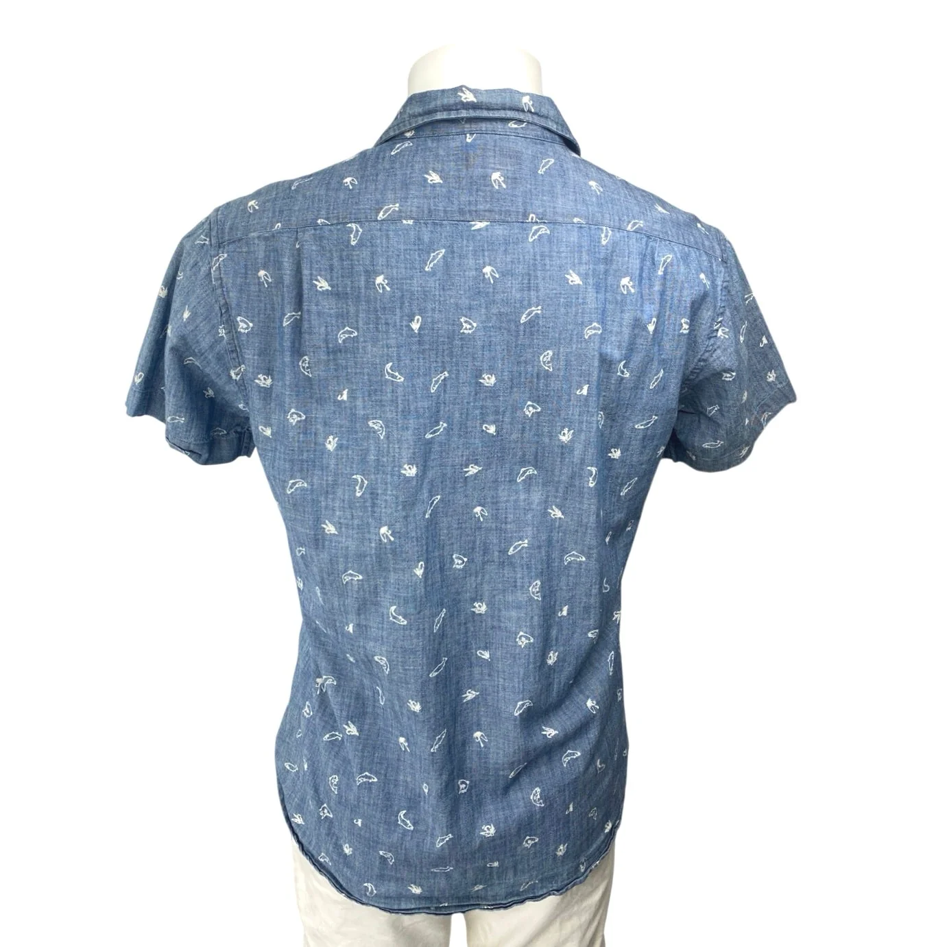 Bonobos Men's Blue Fish Print Chambray Short Sleeve Button Down Shirt Top Size M - Image 2