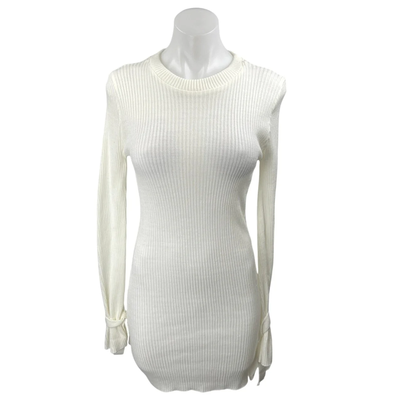 Boohoo White Ribbed Knit Crew Neck Long Sleeve Sweater Mini Bodycon Dress Size S