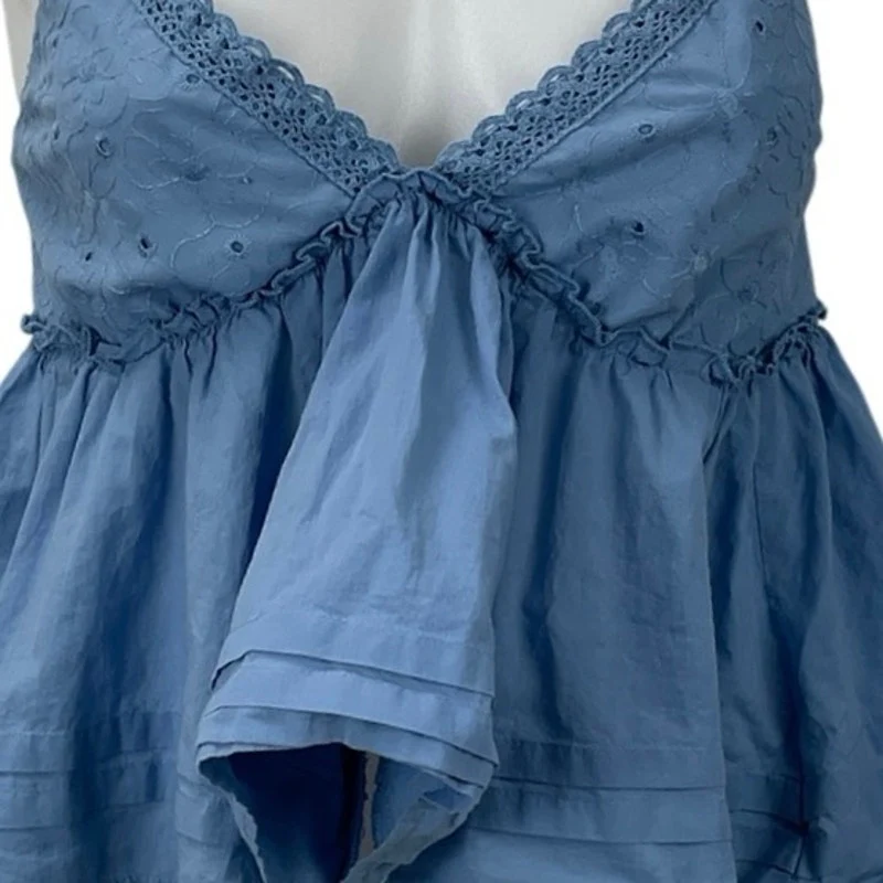 BP. Blue Lace Eyelet V Neck Sleeveless Crop Babydoll Peplum Camisole Tank Top S - Image 2
