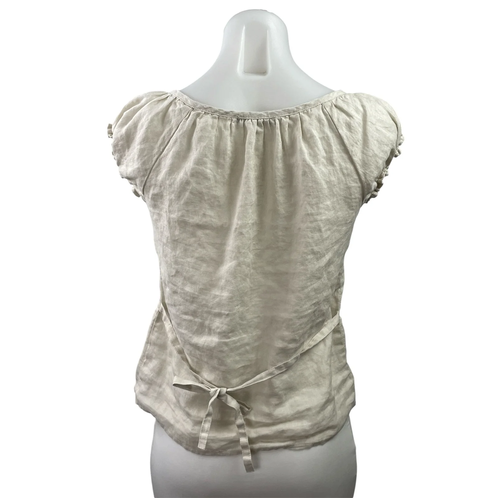 Brandy Melville Beige 100% Linen Short Sleeve Tie Back Henley Blouse Top Size M - Image 3