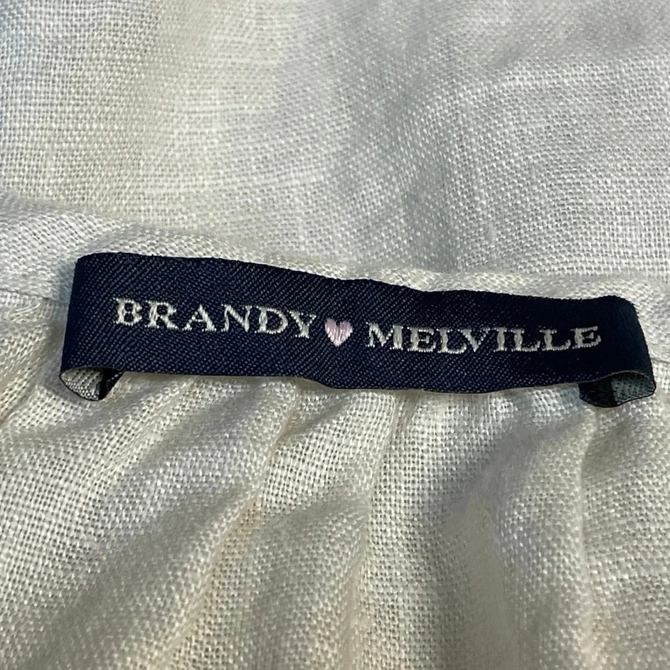 Brandy Melville Beige 100% Linen Short Sleeve Tie Back Henley Blouse Top Size M - Image 4