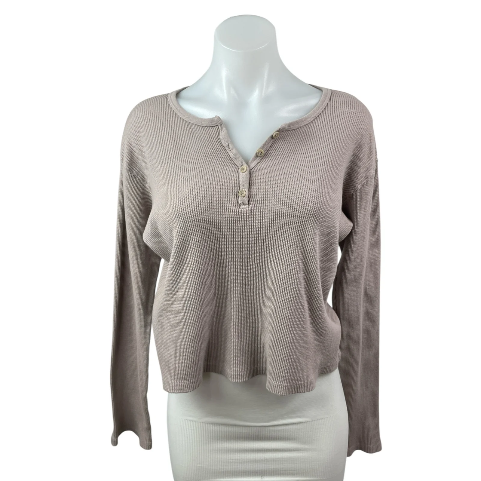 Brandy Melville Beige Taupe Waffle Knit Long Sleeve Henley Thermal Crop Top S/M