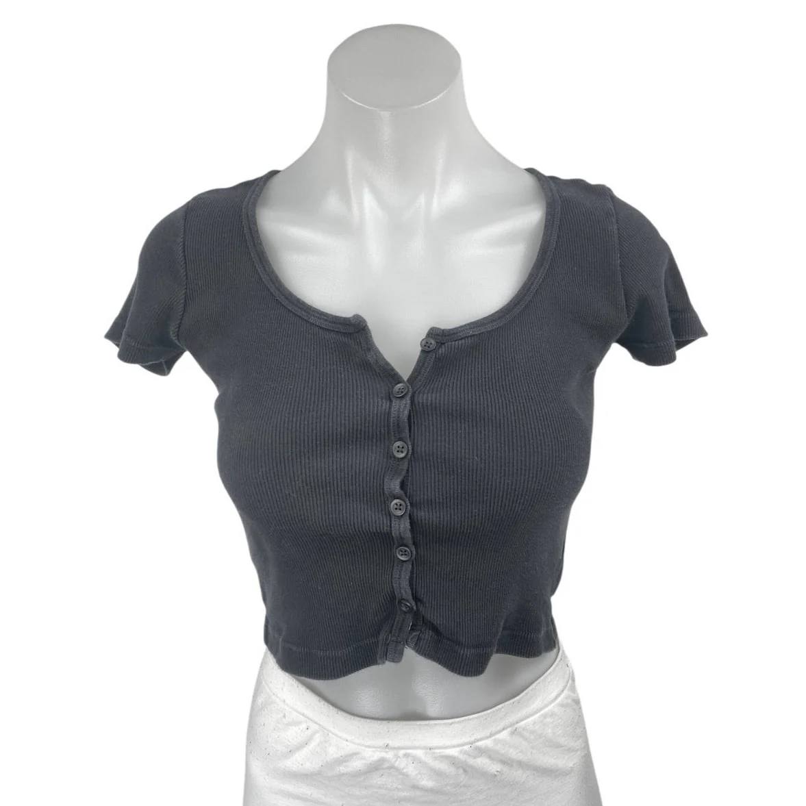 Brandy Melville Black Short Sleeve Ribbed Knit Button Up T Shirt Crop Top Size S