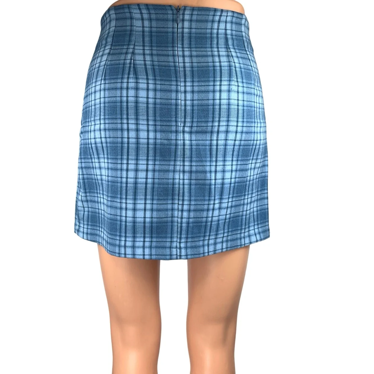 Brandy Melville Cara Blue Checkered Plaid Zipper Mini Straight Pencil Skirt Sz 0 - Image 3