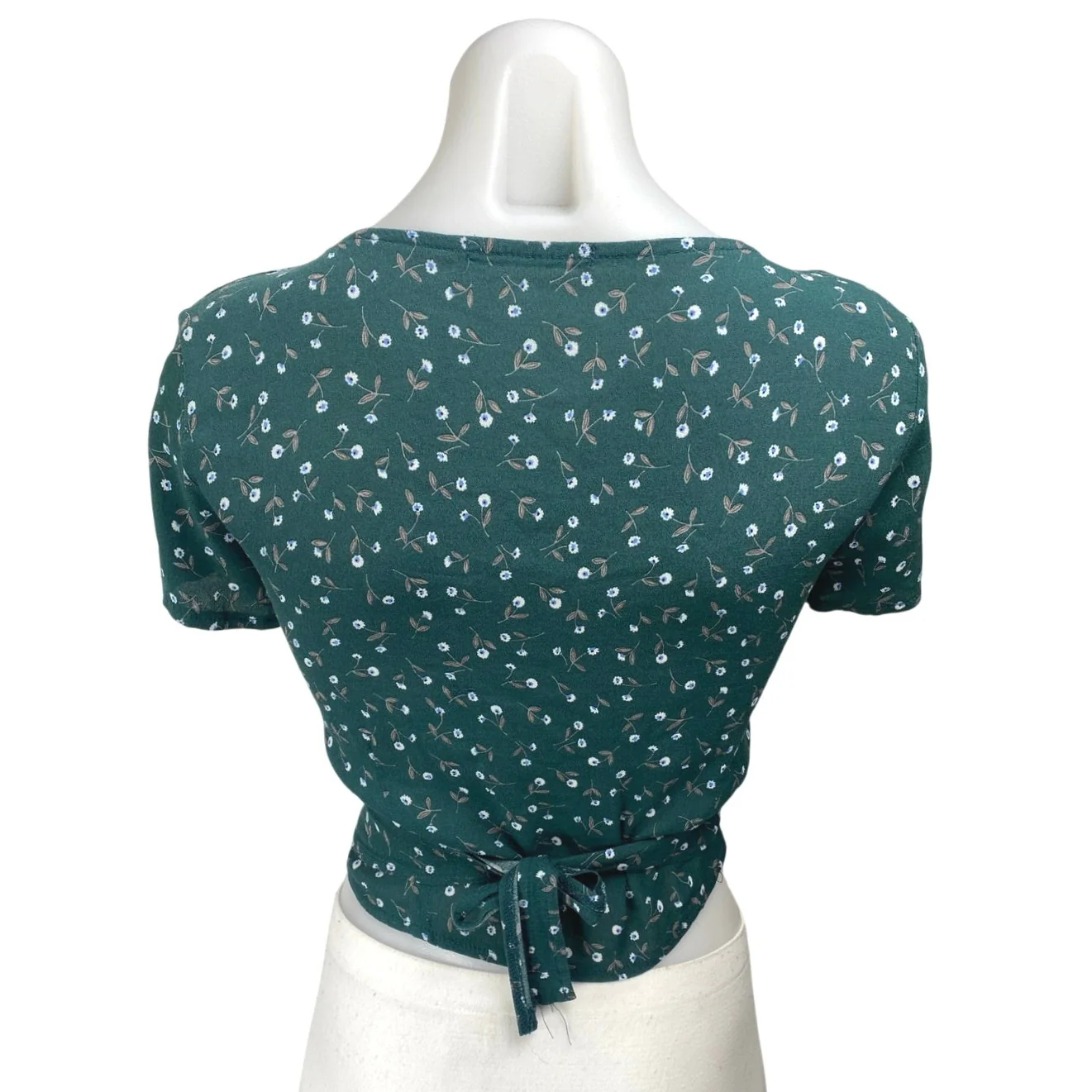 Brandy Melville Green Floral Short Sleeve V Neck Wrap Tie Blouse Crop Top Size S - Image 2