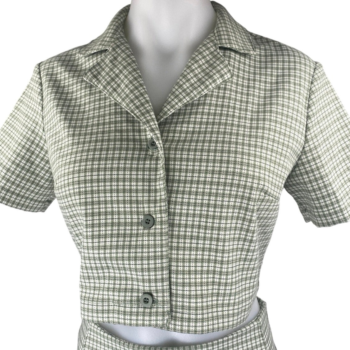 Brandy Melville Green Plaid Button Up Short Sleeve Crop Top Mini Skirt Set Sz S - Image 3