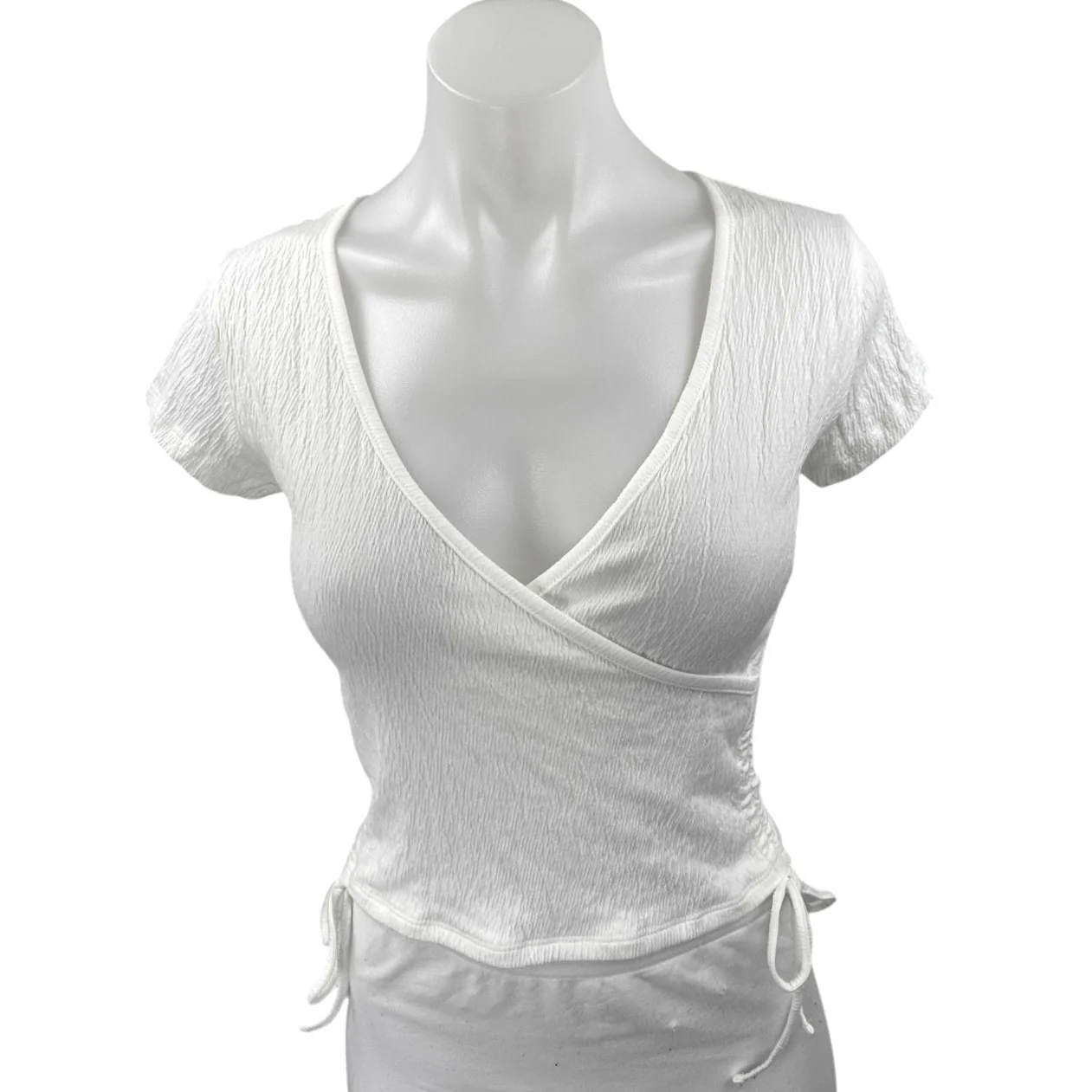 Brandy Melville White Crinked Faux Wrap Short Sleeve Ruched Crop Blouse Top Sz S