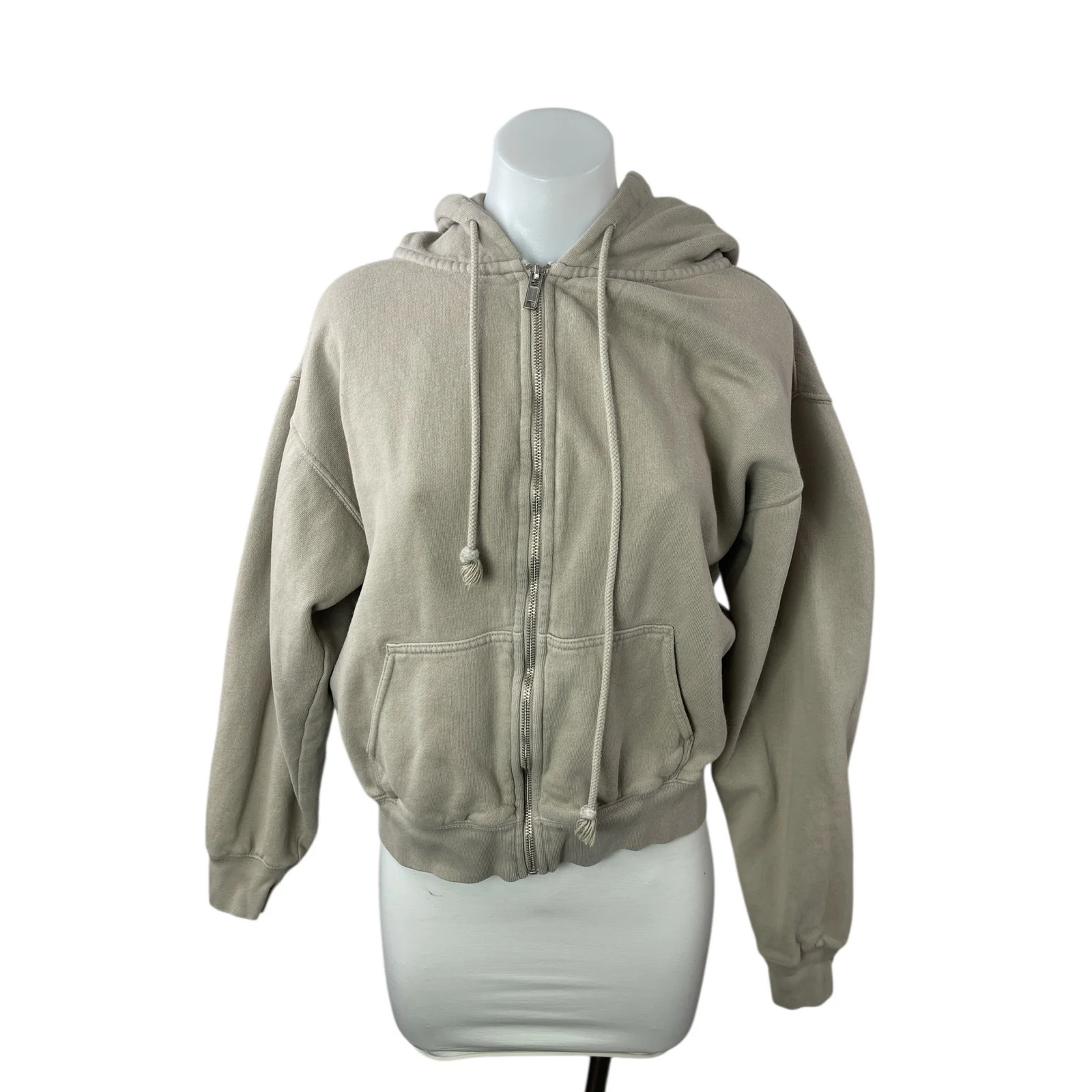 Brandy Melville Women's Beige Fleece Full Zip Hoodie Hooded Sweater Jacket Sz S