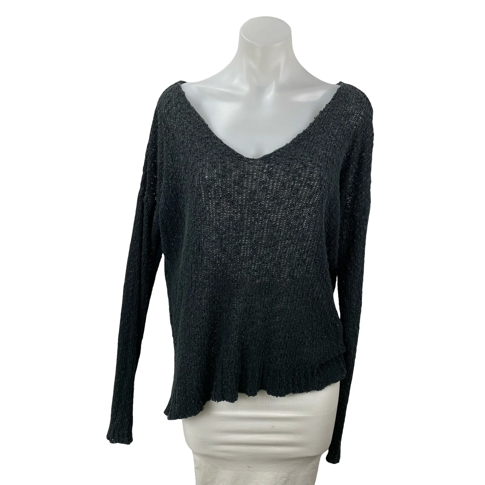 Brandy Melville Women's Black Knit Long Sleeve Deep V Neck Sweater Top Size OS