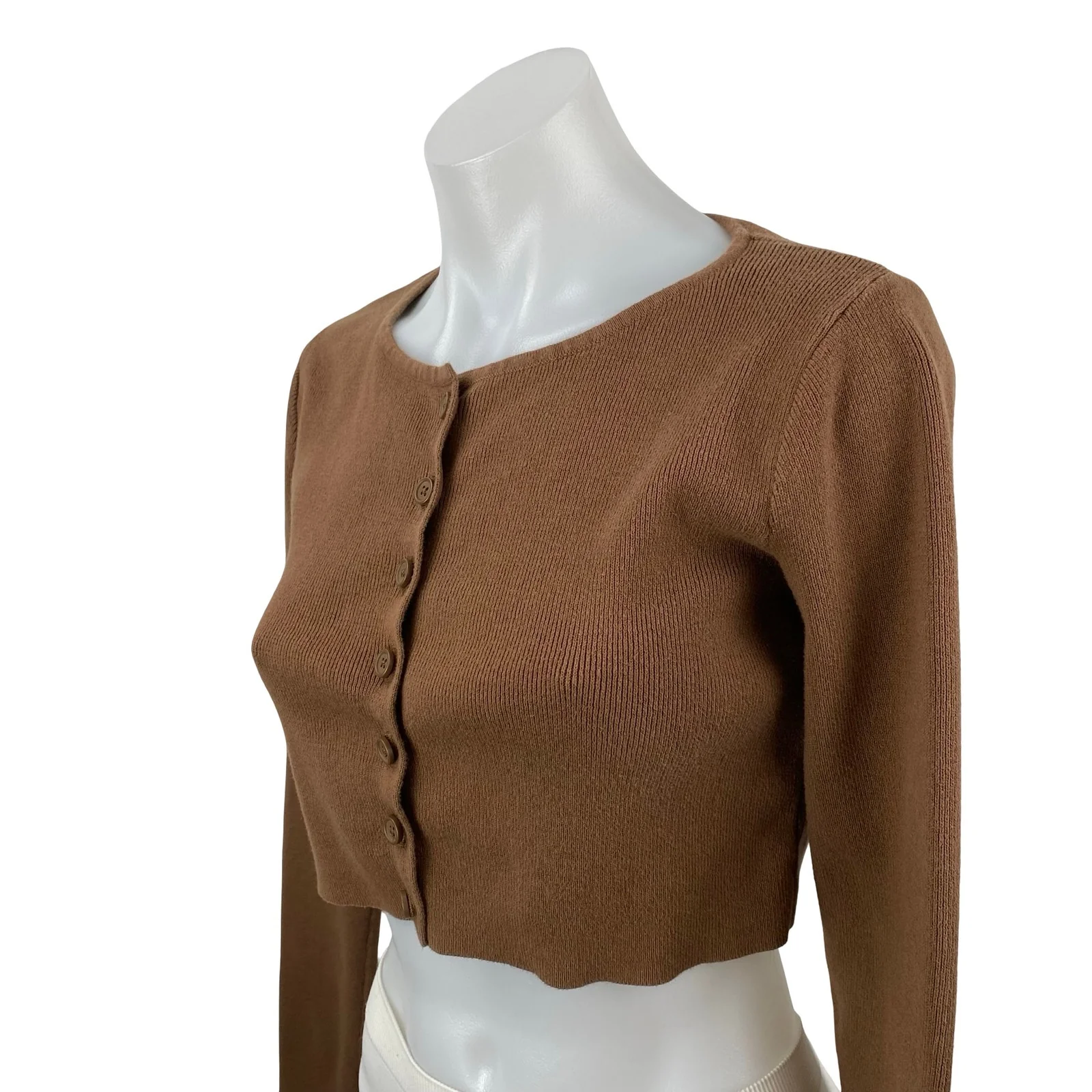 Brandy Melville Women's Brown Ribbed Knit Button Up Crop Cardigan Sweater Size S - Image 3
