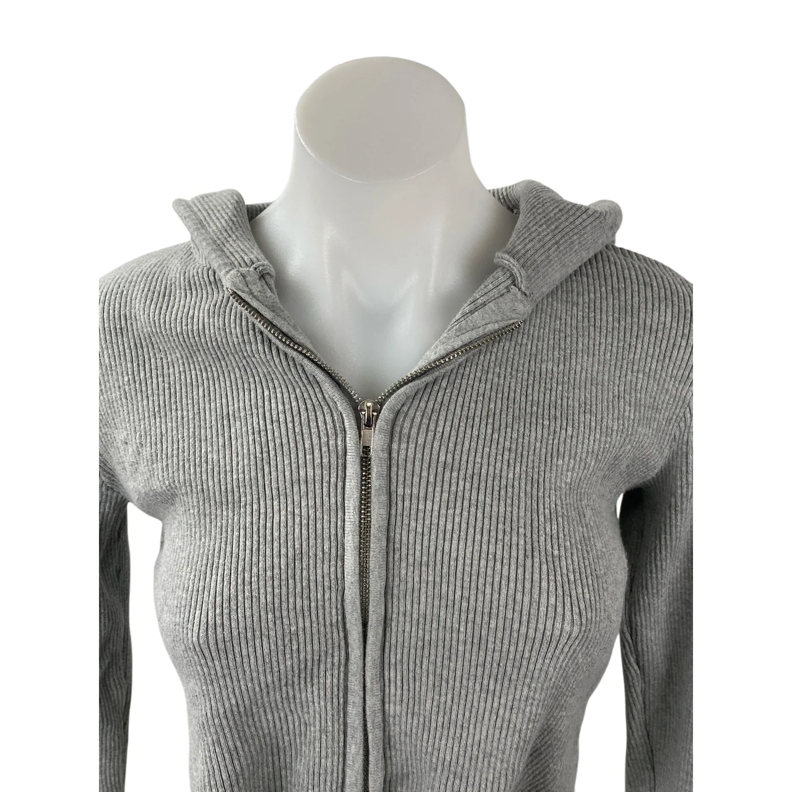 Brandy Melville Women's Gray Ribbed Knit Full Zip Crop Hoodie Sweatshirt Top S - Image 2