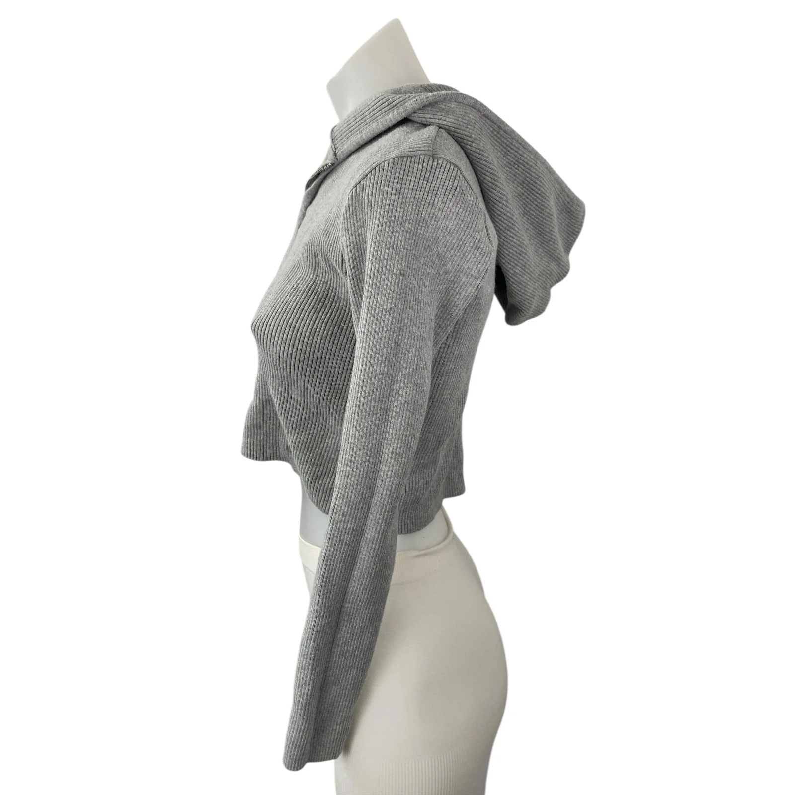 Brandy Melville Women's Gray Ribbed Knit Full Zip Crop Hoodie Sweatshirt Top S - Image 3