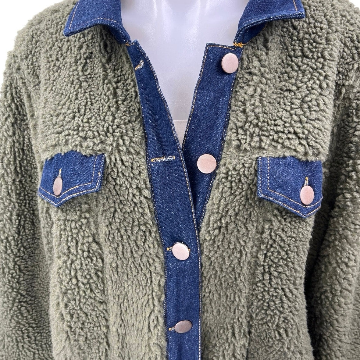 Brooklyn Karma Green Blue Denim Sherpa Fleece Collar Button Down Coat Jacket M - Image 3