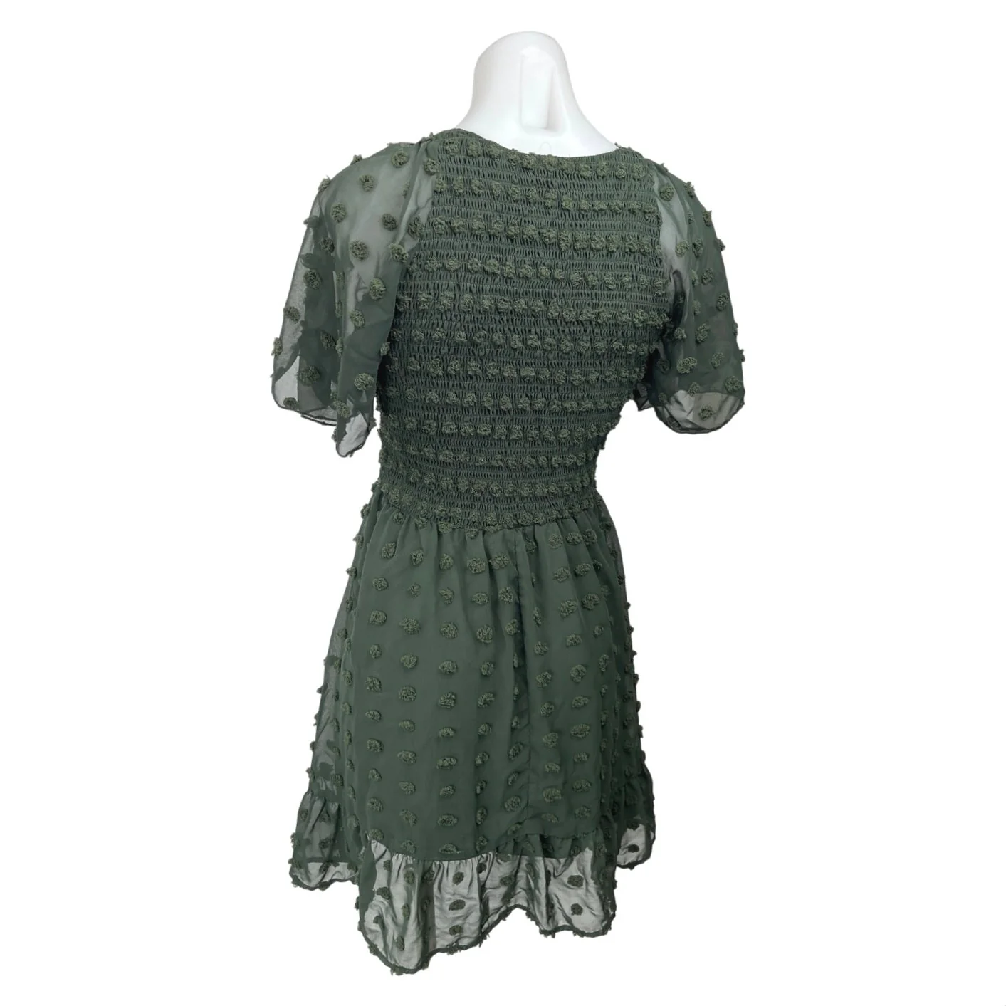 BTFBM Green Polka Swiss Dot Short Sleeve Smocked V-Neck Mini Fit & Flare Dress S - Image 2