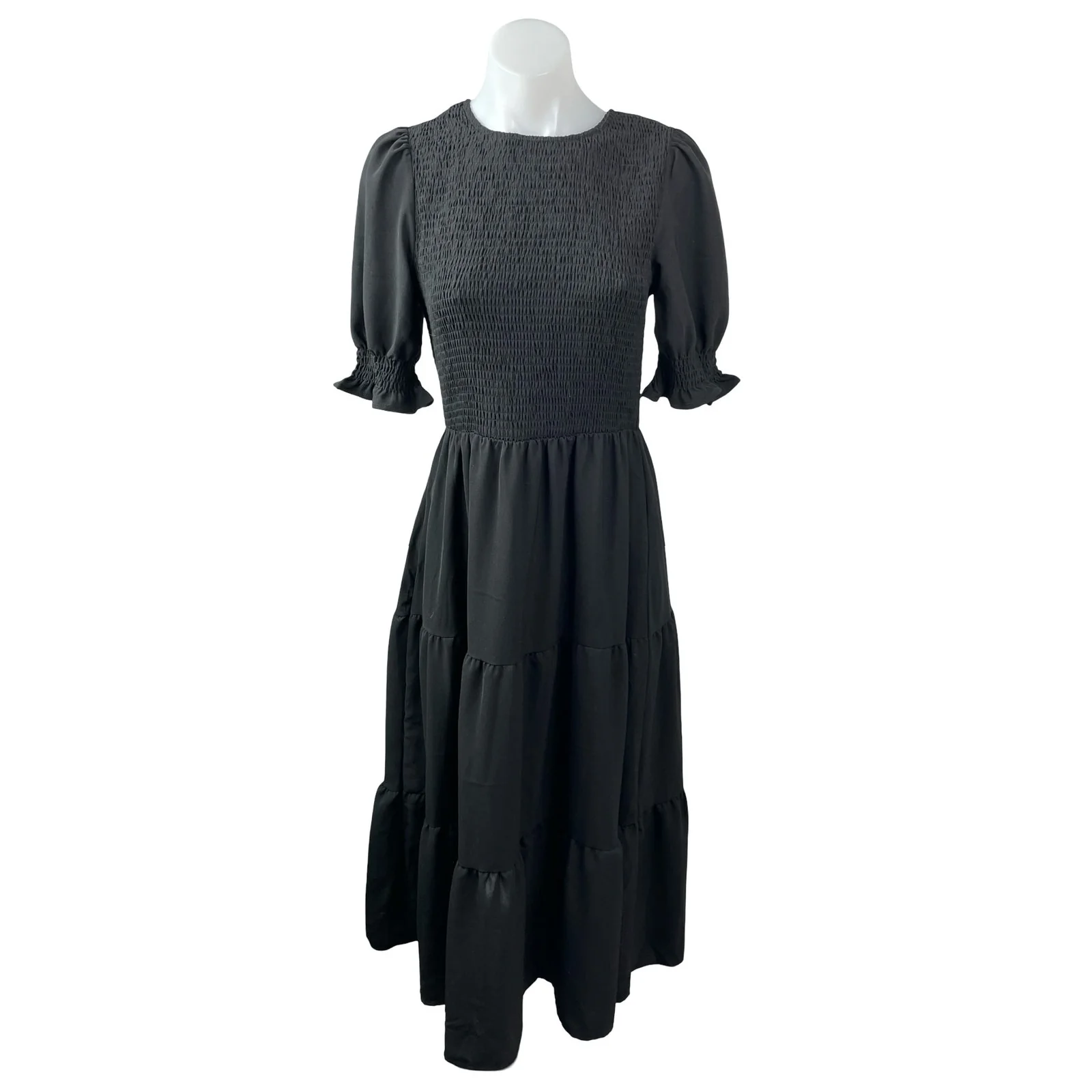 BTFBM Women Black Smocked Tiered Half Puff Sleeve Midi Maxi Flare A-Line Dress S