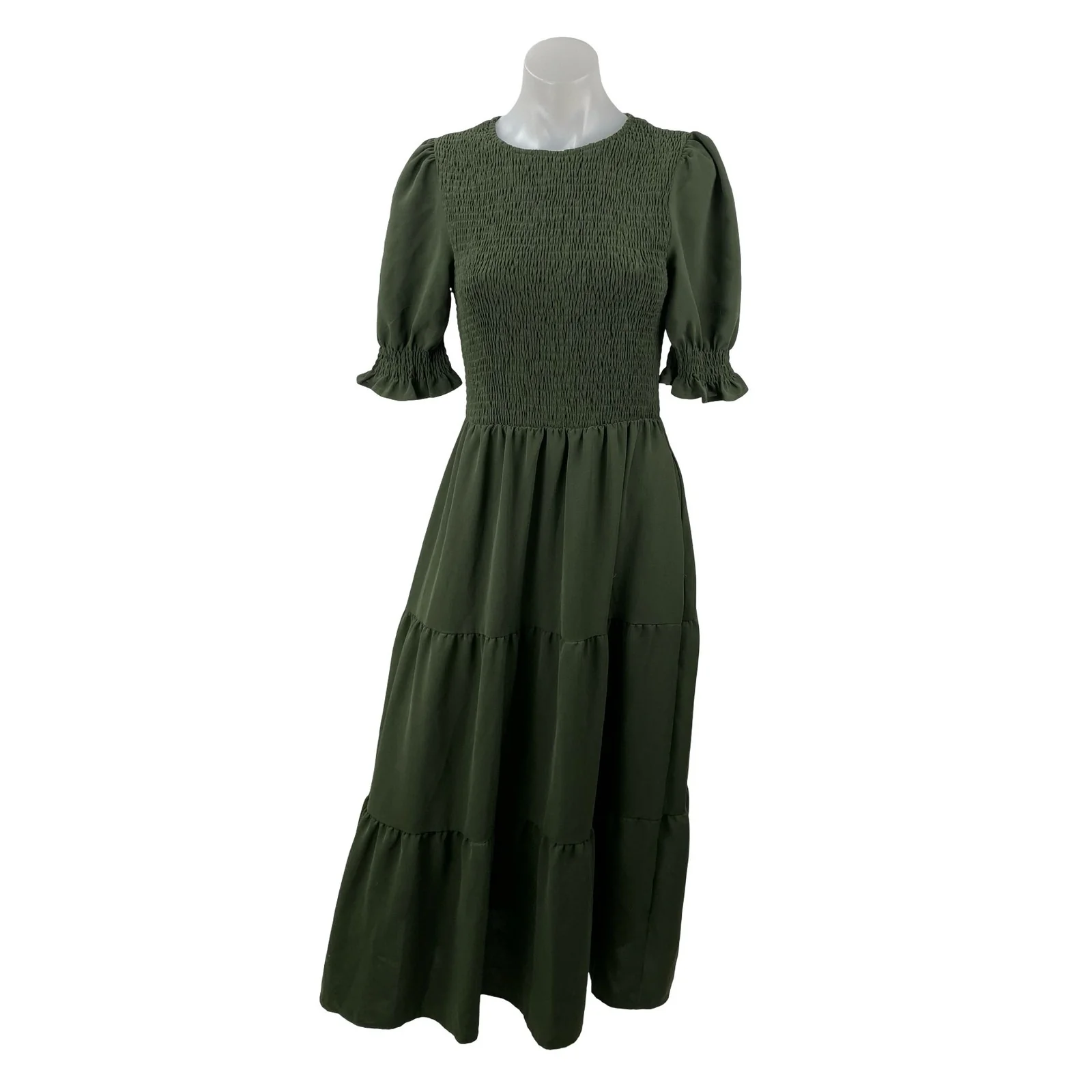 BTFBM Women's Green Smocked Short Puff Sleeve Tiered A Line Maxi Dress Size S