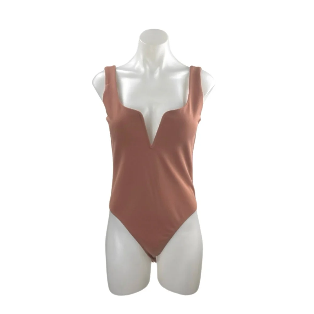 Buddy Love Women's Tan Sleeveless Notch V Neck Cami Tank Bodysuit Top Size S
