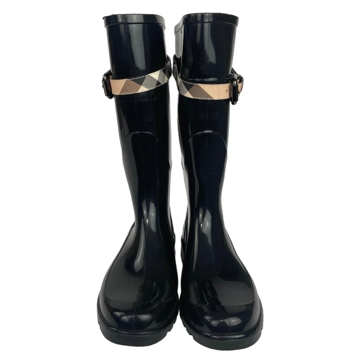 Burberry Black Kenyon Nova Plaid Belt Waterproof Rubber Rainboot Size 37 US 7 - Image 2